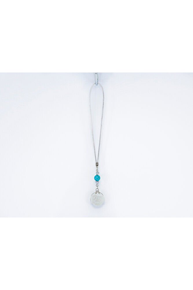 Küçük Kalpli Turkuaz Doğal Taşlı Metal Ayetel Kürsi Araba Dikiz Ayna Süsü, Gümüş Renkli