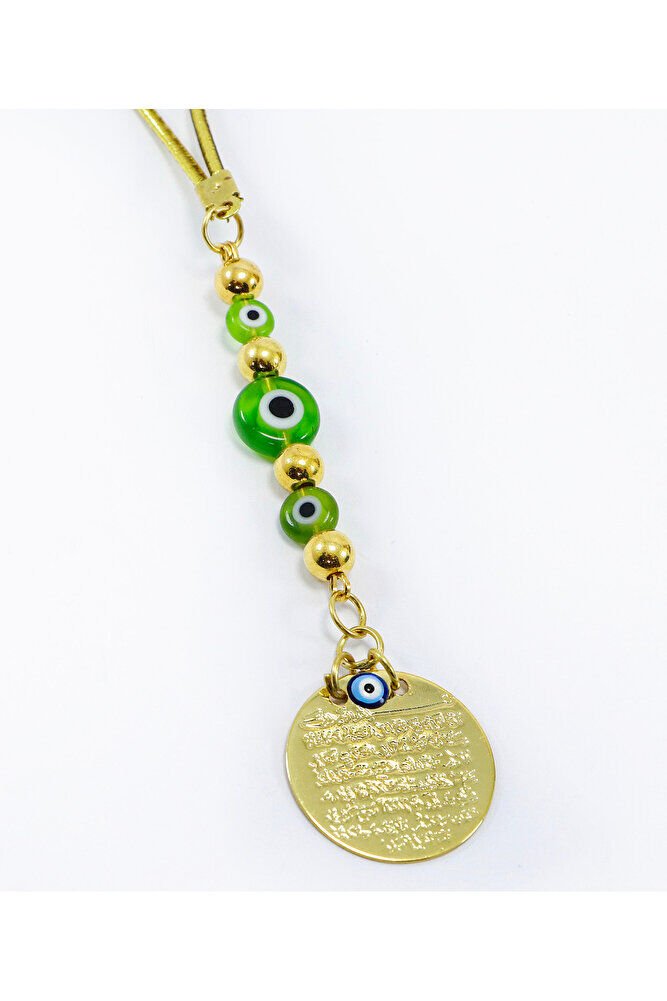 Küçük El Yapımı Cam Nazar Boncuğu Metal Ayetel Kürsi Araba Dikiz Ayna Süsü, Gold Renkli