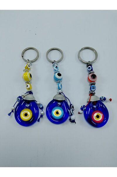 Evil Eye Bead Keychain Set of Three Handmade Yellow/Turquoise/Red Gift Accessory