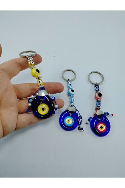 Evil Eye Bead Keychain Set of Three Handmade Yellow/Turquoise/Red Gift Accessory