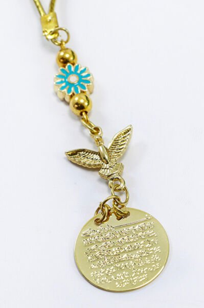 Küçük Çiçekli Anka Kuşu Metal Ayetel Kürsi Araba Dikiz Ayna Süsü, Gold Renkli