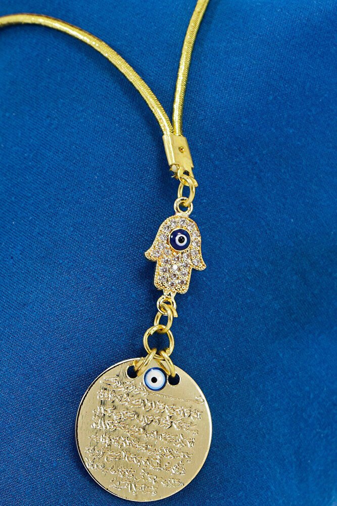 Küçük Parlak Taşlı Nazarlı Hamse Metal Ayetel Kürsi Araba Dikiz Ayna Süsü, Gold Renkli