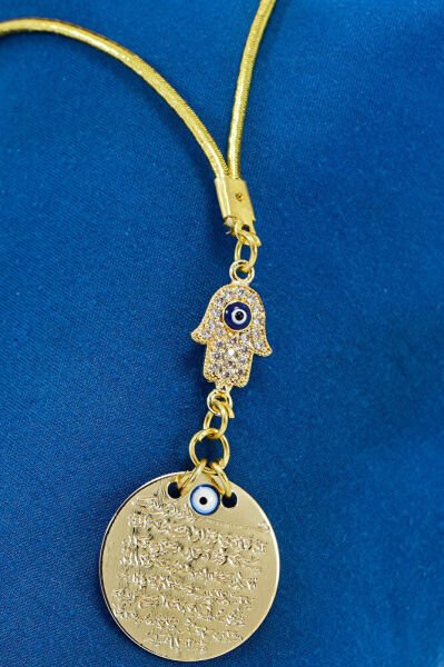 Küçük Parlak Taşlı Nazarlı Hamse Metal Ayetel Kürsi Araba Dikiz Ayna Süsü, Gold Renkli