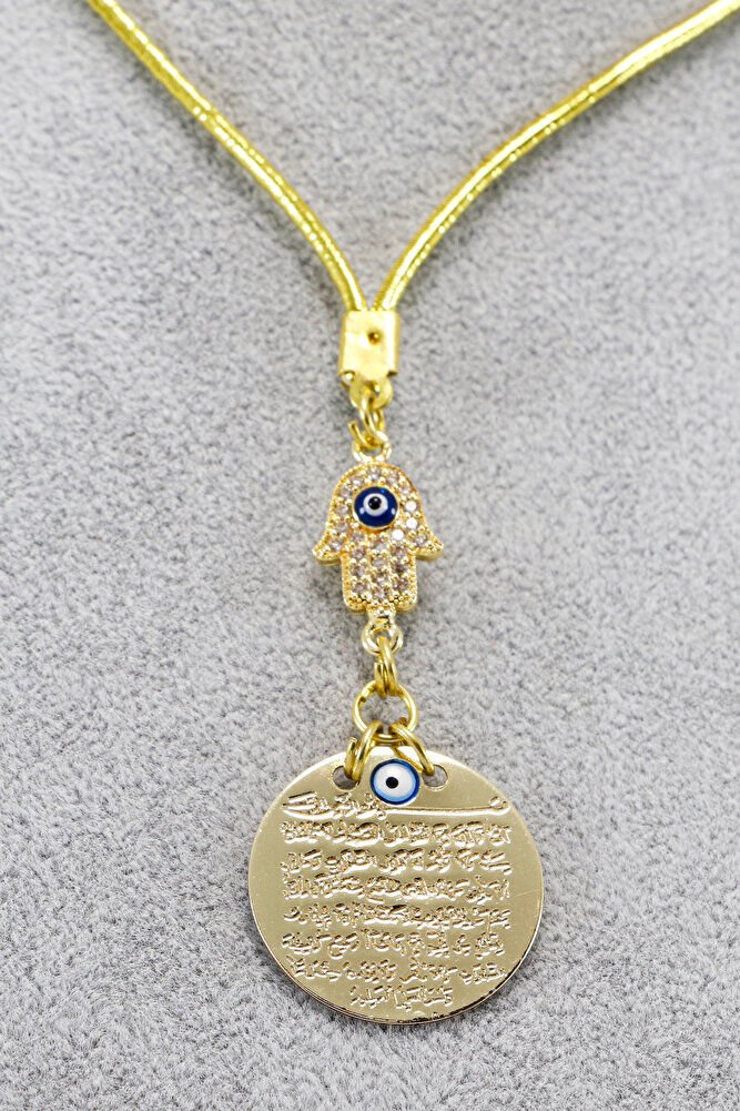 Küçük Parlak Taşlı Nazarlı Hamse Metal Ayetel Kürsi Araba Dikiz Ayna Süsü, Gold Renkli