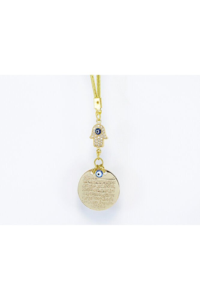 Küçük Parlak Taşlı Nazarlı Hamse Metal Ayetel Kürsi Araba Dikiz Ayna Süsü, Gold Renkli