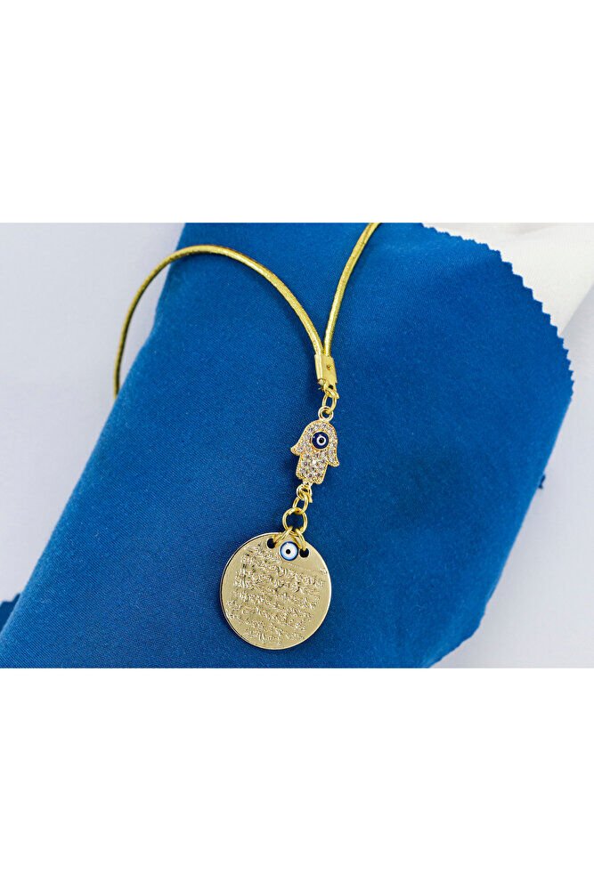 Küçük Parlak Taşlı Nazarlı Hamse Metal Ayetel Kürsi Araba Dikiz Ayna Süsü, Gold Renkli