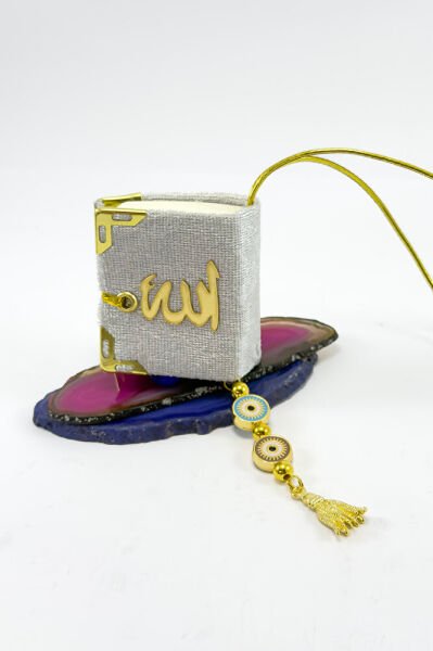 El Yapımı Cam Nazar Boncuklu Gümüş Renk Kadife Mini Kur' an-ı Kerim Araba Dikiz Ayna Süsü