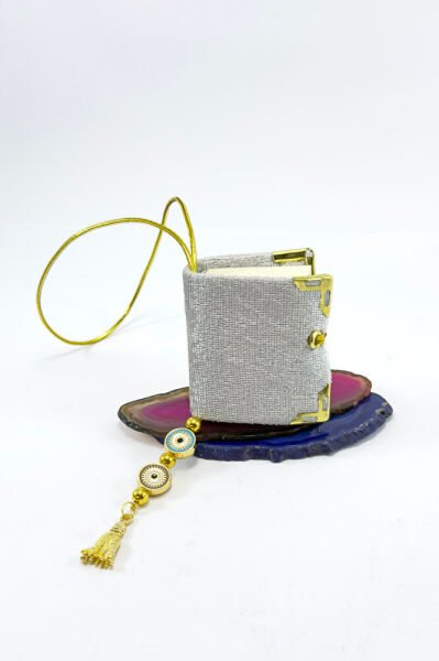 El Yapımı Cam Nazar Boncuklu Gümüş Renk Kadife Mini Kur' an-ı Kerim Araba Dikiz Ayna Süsü