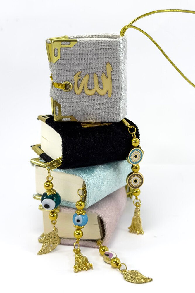 El Yapımı Cam Nazar Boncuklu Gümüş Renk Kadife Mini Kur' an-ı Kerim Araba Dikiz Ayna Süsü