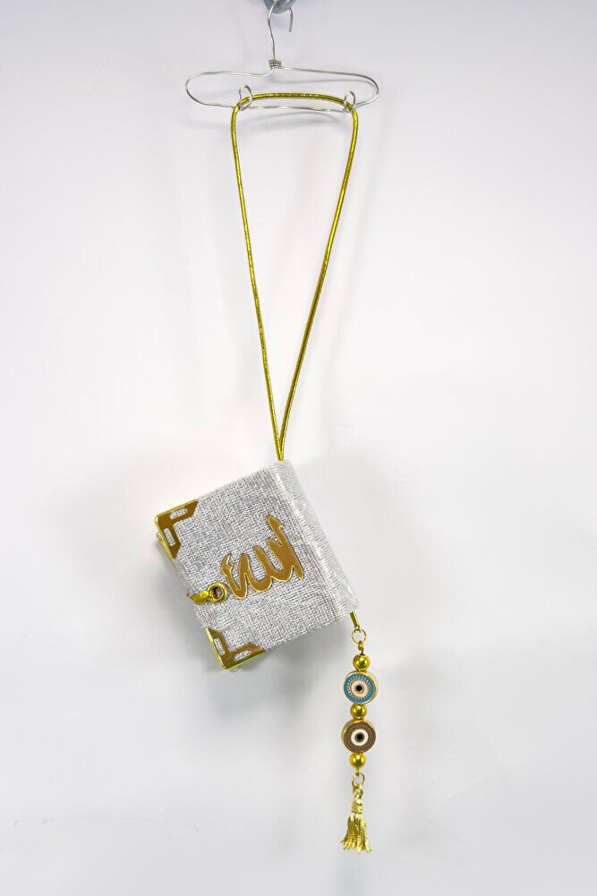 El Yapımı Cam Nazar Boncuklu Gümüş Renk Kadife Mini Kur' an-ı Kerim Araba Dikiz Ayna Süsü