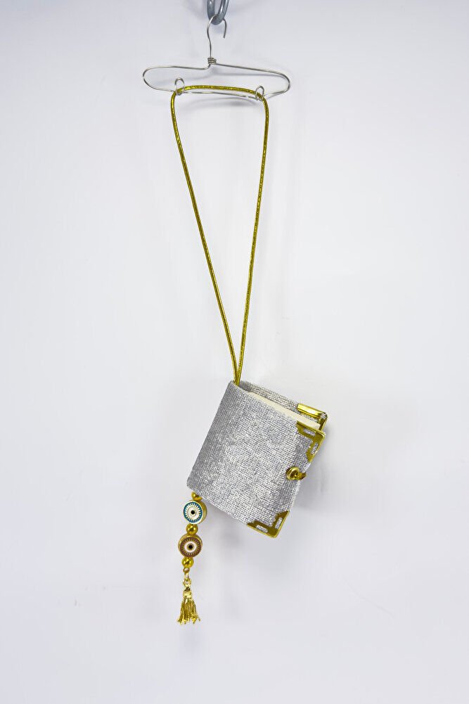 El Yapımı Cam Nazar Boncuklu Gümüş Renk Kadife Mini Kur' an-ı Kerim Araba Dikiz Ayna Süsü