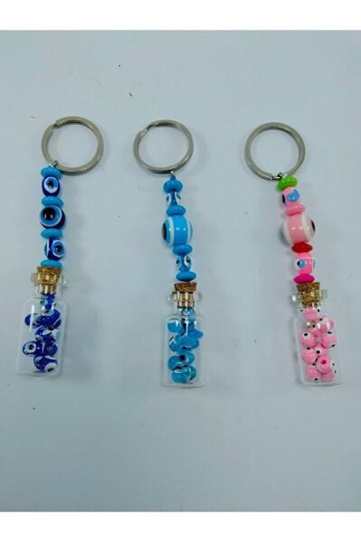 Evil Eye Bead Keychain Set Triple Handmade Bottle Blue/Turquoise/Pink Gift Accessory