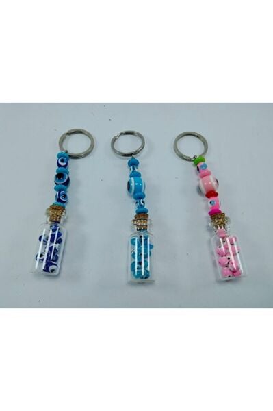 Evil Eye Bead Keychain Set Triple Handmade Bottle Blue/Turquoise/Pink Gift Accessory