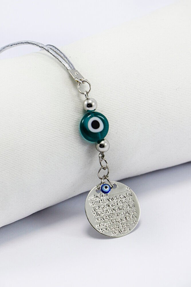 Zümrüt Yeşili Yassı Nazar Boncuğu Gümüş Renkli Metal Ayetel Kürsi Dualı Dikiz Ayna Süsü