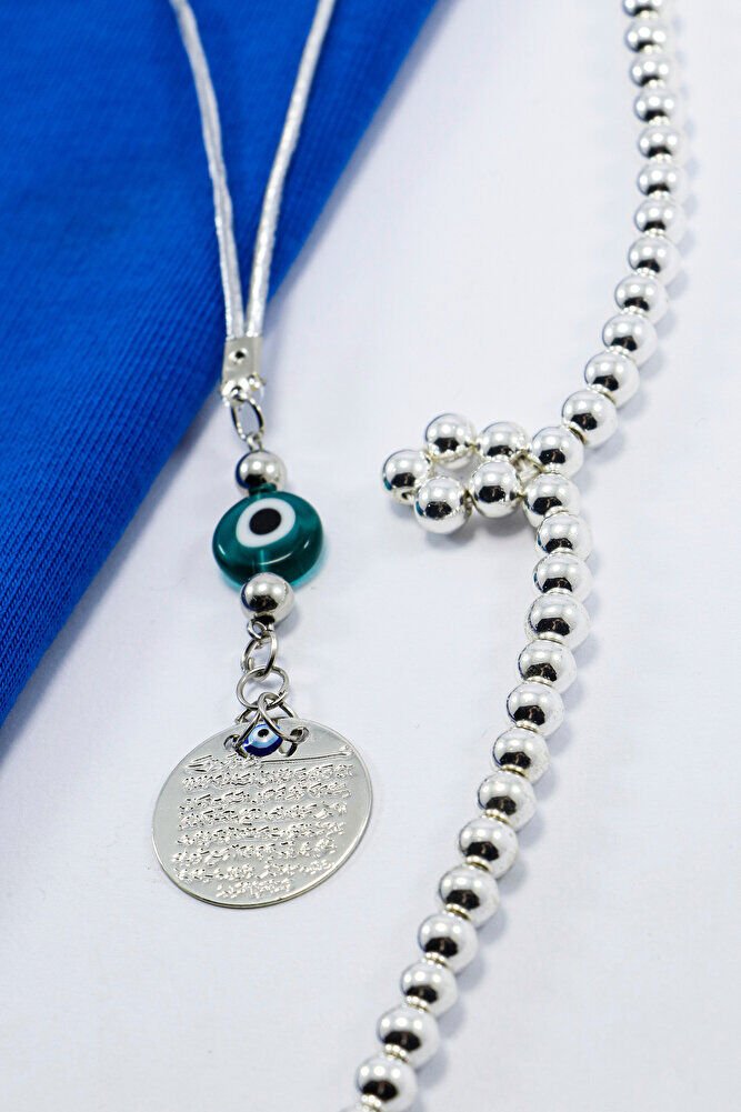 Zümrüt Yeşili Yassı Nazar Boncuğu Gümüş Renkli Metal Ayetel Kürsi Dualı Dikiz Ayna Süsü