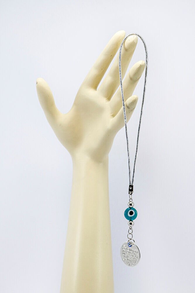 Zümrüt Yeşili Yassı Nazar Boncuğu Gümüş Renkli Metal Ayetel Kürsi Dualı Dikiz Ayna Süsü