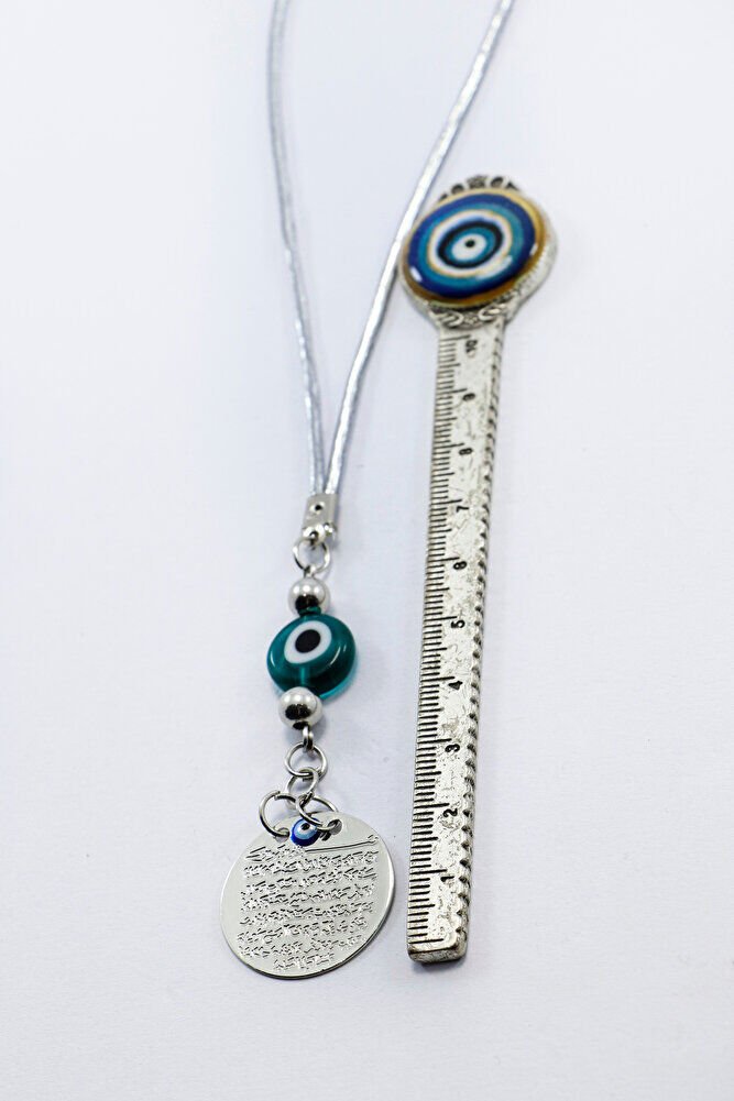 Zümrüt Yeşili Yassı Nazar Boncuğu Gümüş Renkli Metal Ayetel Kürsi Dualı Dikiz Ayna Süsü