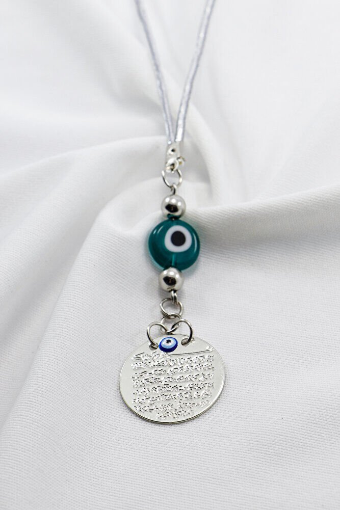 Zümrüt Yeşili Yassı Nazar Boncuğu Gümüş Renkli Metal Ayetel Kürsi Dualı Dikiz Ayna Süsü