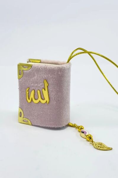 El Yapımı Cam Nazar Boncuklu Toz Pembe Kadife Mini Kur' an-ı Kerim Araba Dikiz Ayna Süsü