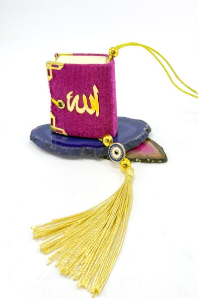 El Yapımı Cam Nazar Boncuklu Mor Kadife Mini Kur' an-ı Kerim Araba Dikiz Ayna Süsü