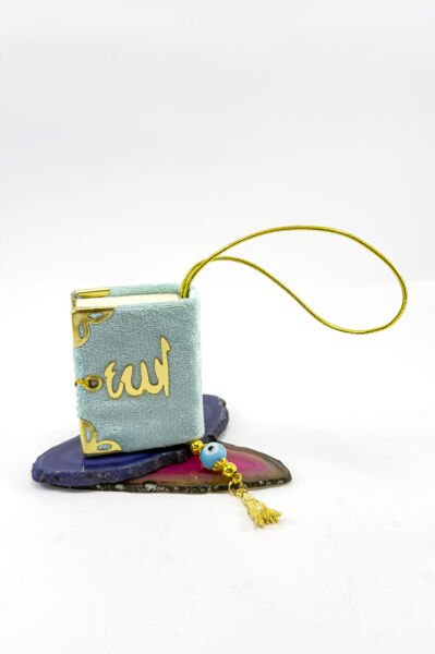 El Yapımı Cam Nazar Boncuklu Mavi Kadife Mini Kur' an-ı Kerim Araba Dikiz Ayna Süsü