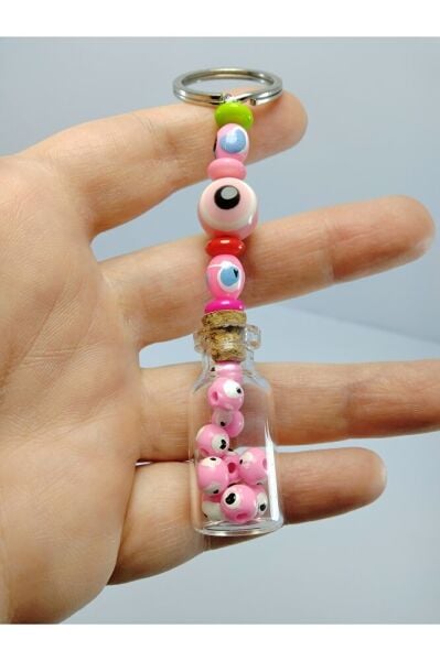 Nazar Boncuğu Anahtarlık El Yapımı Şişe Pembe Hediyelik Aksesuar