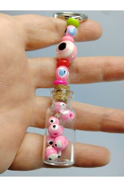 Nazar Boncuğu Anahtarlık El Yapımı Şişe Pembe Hediyelik Aksesuar