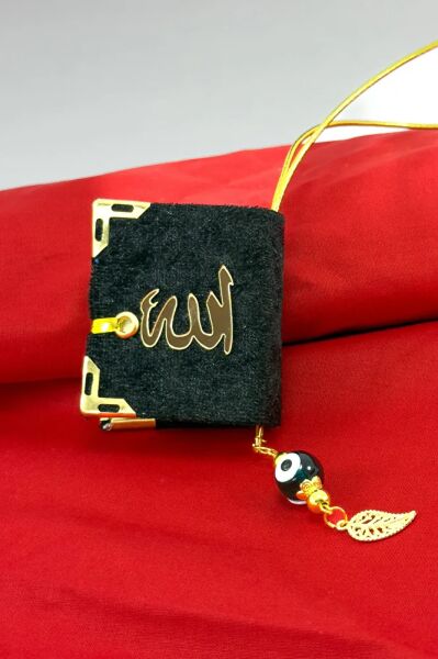 El Yapımı Cam Nazar Boncuklu Siyah Kadife Mini Kur' an-ı Kerim Araba Dikiz Ayna Süsü