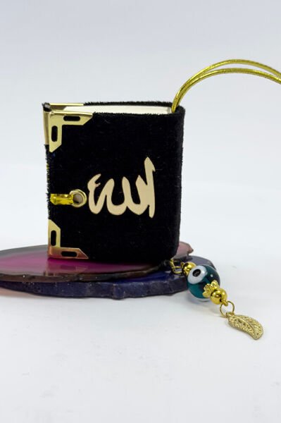 El Yapımı Cam Nazar Boncuklu Siyah Kadife Mini Kur' an-ı Kerim Araba Dikiz Ayna Süsü