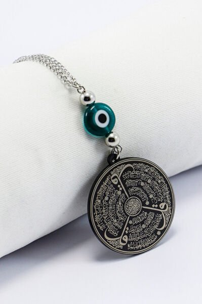 Yeşil Nazarlı Siyah 316L Paslanmaz Çelik Ayetel Kürsi / Felak Nas Ihlas Araba Dikiz Ayna Süsü