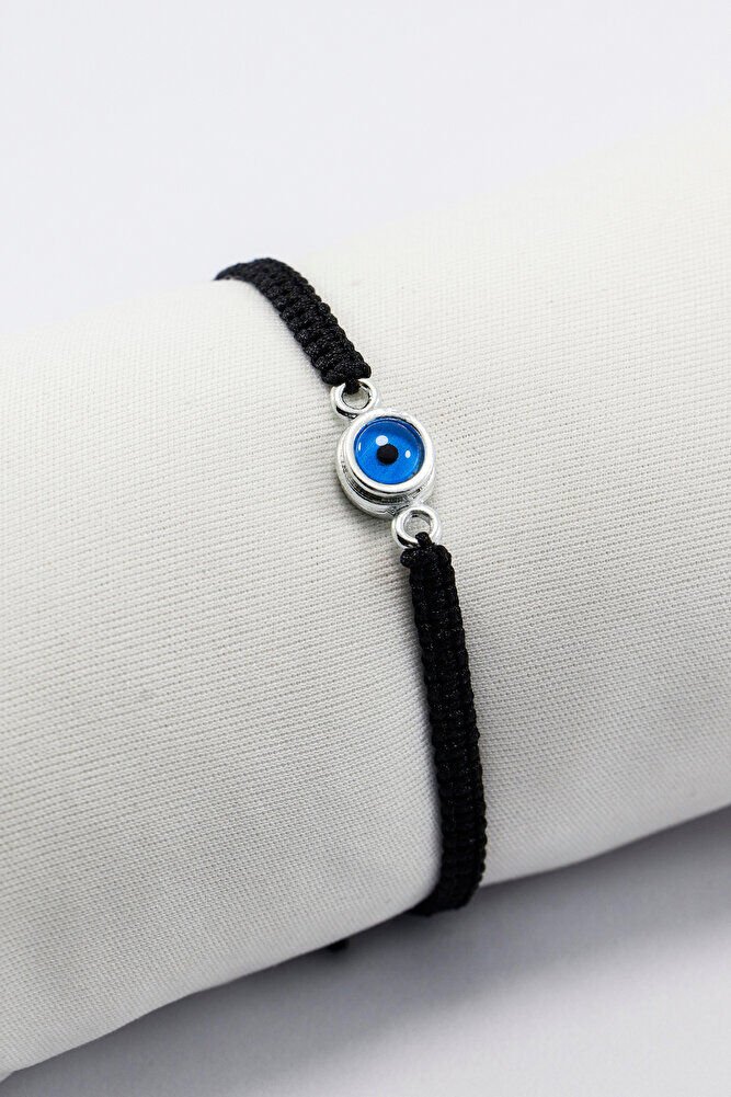 Gümüş Renkli Metal Çift Taraflı Nazar Boncuğu Ayarlanabilir Asansörlü Siyah Bileklik