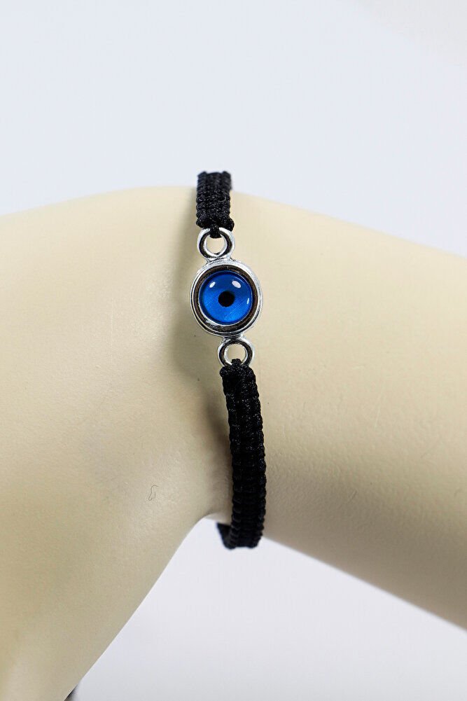 Gümüş Renkli Metal Çift Taraflı Nazar Boncuğu Ayarlanabilir Asansörlü Siyah Bileklik