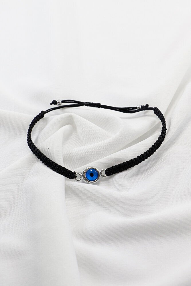 Gümüş Renkli Metal Çift Taraflı Nazar Boncuğu Ayarlanabilir Asansörlü Siyah Bileklik