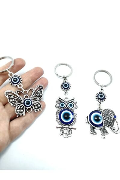 Üçlü Metal Nazar Boncuklu Anahtarlık Seti Kelebek Baykuş Fil Temalı Hediyelik Eşya