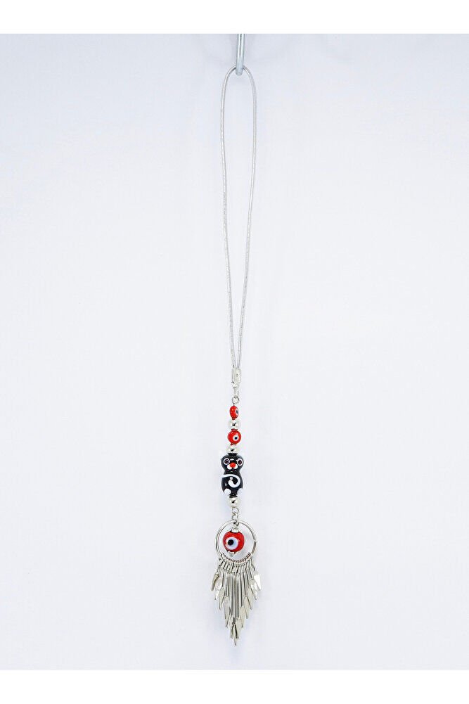 Cam Kedicik Kırmızı Nazar Metal Püsküllü Araba Dikiz Ayna Süsü, Gümüş Renkli Araba Hediyesi