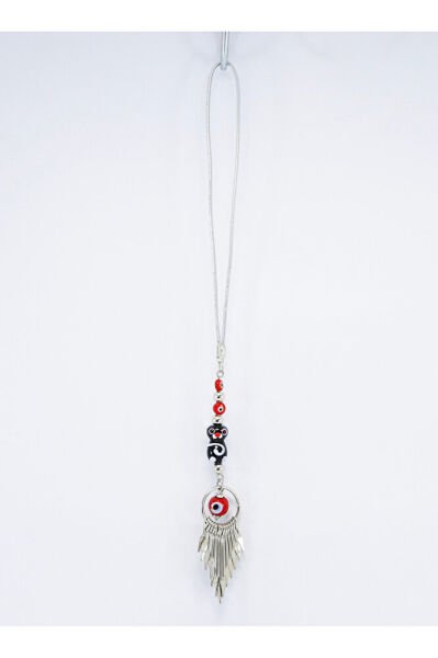 Cam Kedicik Kırmızı Nazar Metal Püsküllü Araba Dikiz Ayna Süsü, Gümüş Renkli Araba Hediyesi