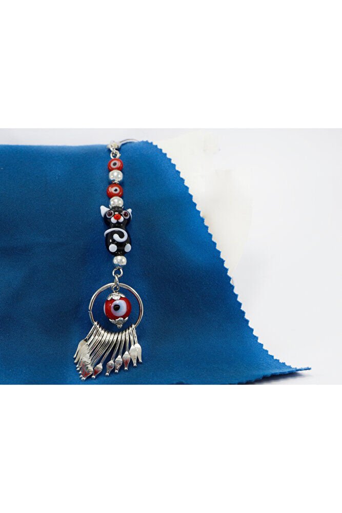 Cam Kedicik Kırmızı Nazar Metal Püsküllü Araba Dikiz Ayna Süsü, Gümüş Renkli Araba Hediyesi