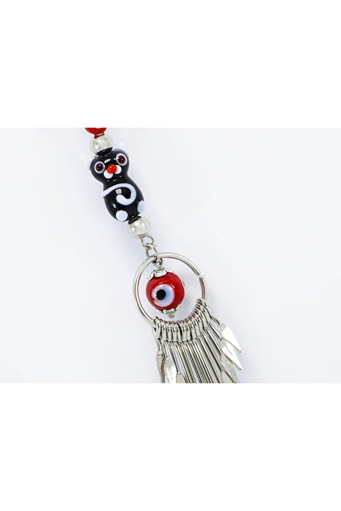 Cam Kedicik Kırmızı Nazar Metal Püsküllü Araba Dikiz Ayna Süsü, Gümüş Renkli Araba Hediyesi