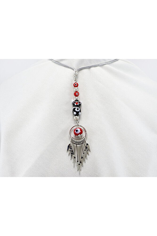 Cam Kedicik Kırmızı Nazar Metal Püsküllü Araba Dikiz Ayna Süsü, Gümüş Renkli Araba Hediyesi