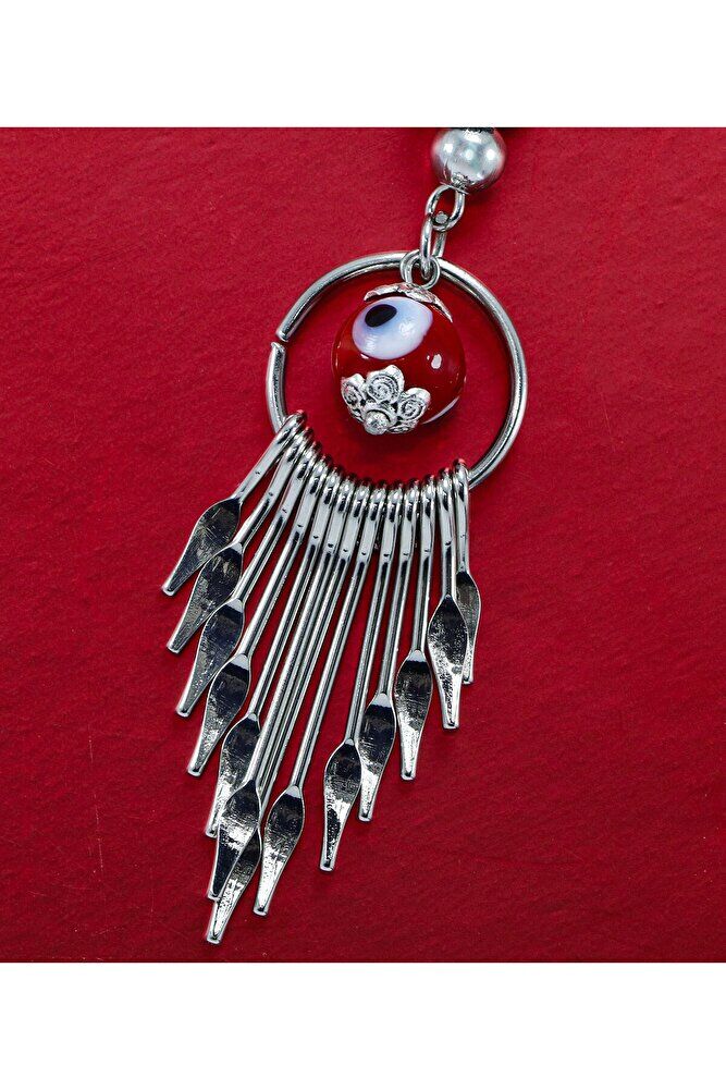 Cam Kedicik Kırmızı Nazar Metal Püsküllü Araba Dikiz Ayna Süsü, Gümüş Renkli Araba Hediyesi