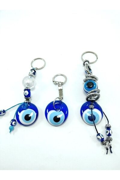 Nazar Boncuğu Anahtarlık El Yapımı Cam Küre Sade Temalı Hediyelik Eşya Üçlü Set