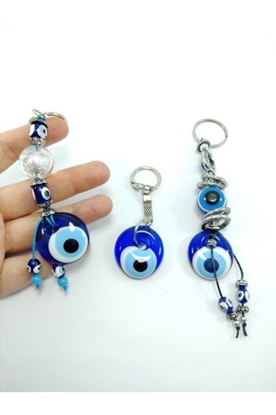 Nazar Boncuğu Anahtarlık El Yapımı Cam Küre Sade Temalı Hediyelik Eşya Üçlü Set