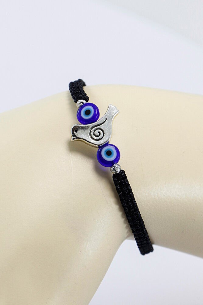 Metal Gümüş Renkli Kuş ve El Yapımı Cam Nazar Boncukları Ayarlanabilir Asansörlü Bileklik