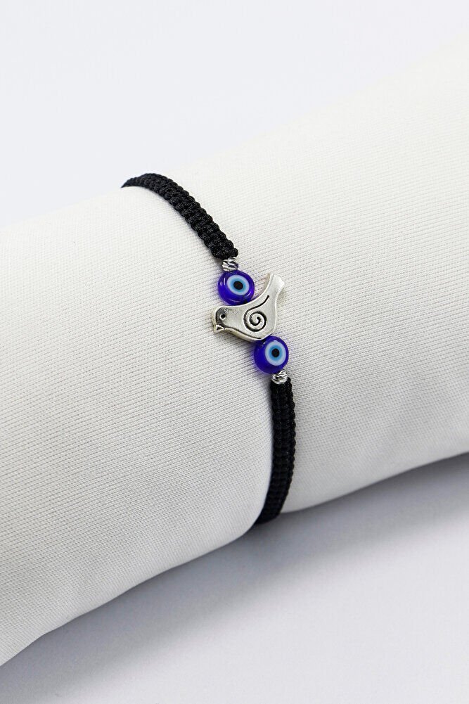 Metal Gümüş Renkli Kuş ve El Yapımı Cam Nazar Boncukları Ayarlanabilir Asansörlü Bileklik