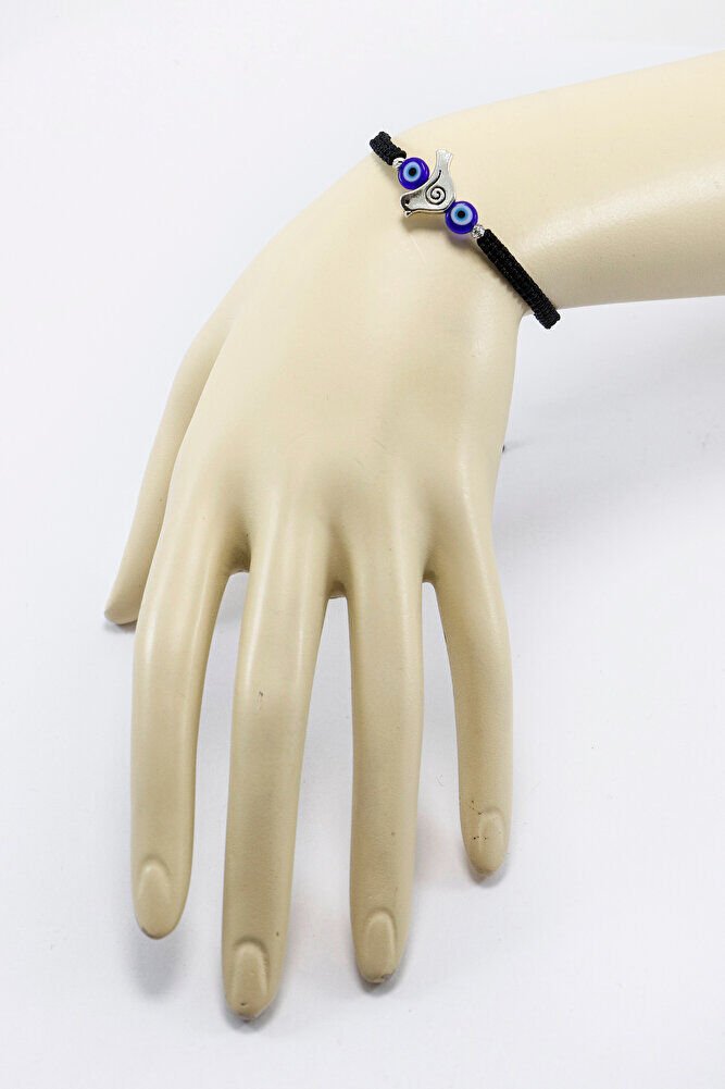 Metal Gümüş Renkli Kuş ve El Yapımı Cam Nazar Boncukları Ayarlanabilir Asansörlü Bileklik