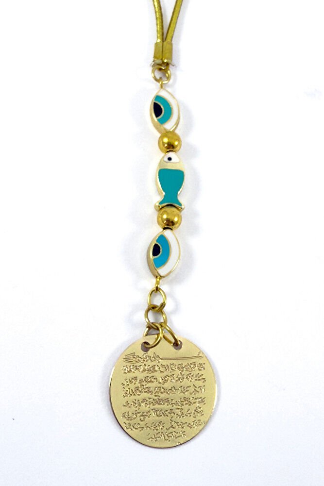 Çerçeveli Nazar Gold Renkli Metal Ayetel Kürsi Araba Dikiz Ayna Süsü, Yeni Araba Hediyesi