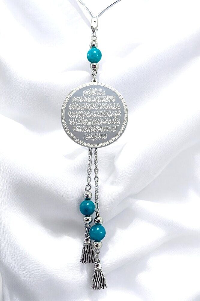 Silver Color Pendant Turquoise Stone Steel Double Sided Ayetel Kursi/ Felak Nas Ihlas Car Rearview Mirror Ornament