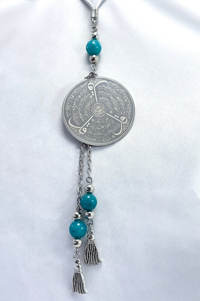 Silver Color Pendant Turquoise Stone Steel Double Sided Ayetel Kursi/ Felak Nas Ihlas Car Rearview Mirror Ornament