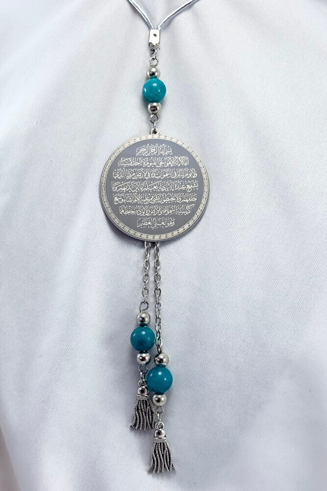 Silver Color Pendant Turquoise Stone Steel Double Sided Ayetel Kursi/ Felak Nas Ihlas Car Rearview Mirror Ornament