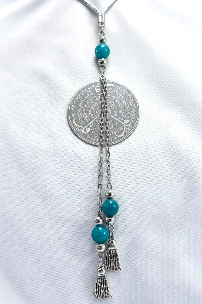 Silver Color Pendant Turquoise Stone Steel Double Sided Ayetel Kursi/ Felak Nas Ihlas Car Rearview Mirror Ornament